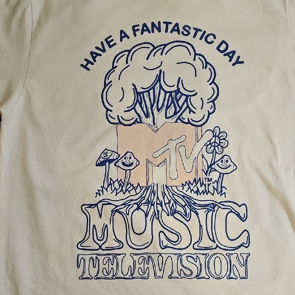 Retro Trippy MTV Cream Tee with Blue Graphic - Picture 4 of 4